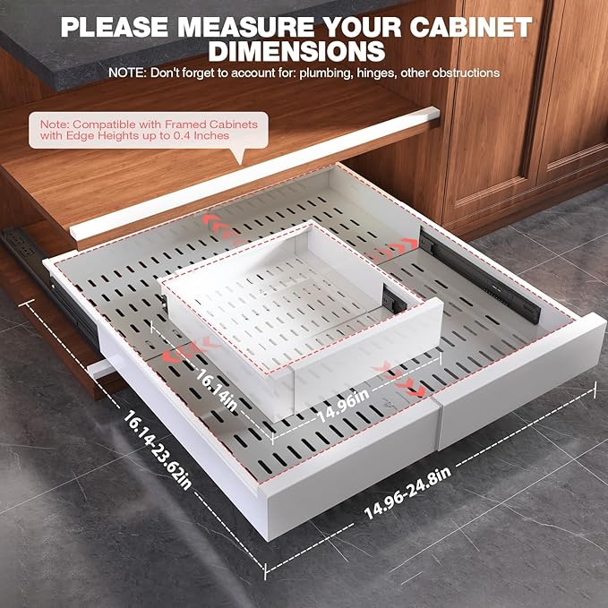 Seinloes 2 Pack Pull Out Cabinet Organizer Expandable Width(15"-25") and Depth(17"-24"),Slide Out Drawers With Raising Pad for Framed Cabinets,No Drill Roll Out Shelves for kitchen,Bathroom,White - Image 3