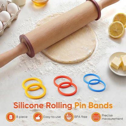Rolling Pin Guide Rings(1/16”to 5/16''), Multicolored Flexible Silicone Spacer Bands, Reusable 8 Piece Set Baking Accessories to Precise Thickness Dough for Pizza, Cookies,Pies, Pastries, Pasta