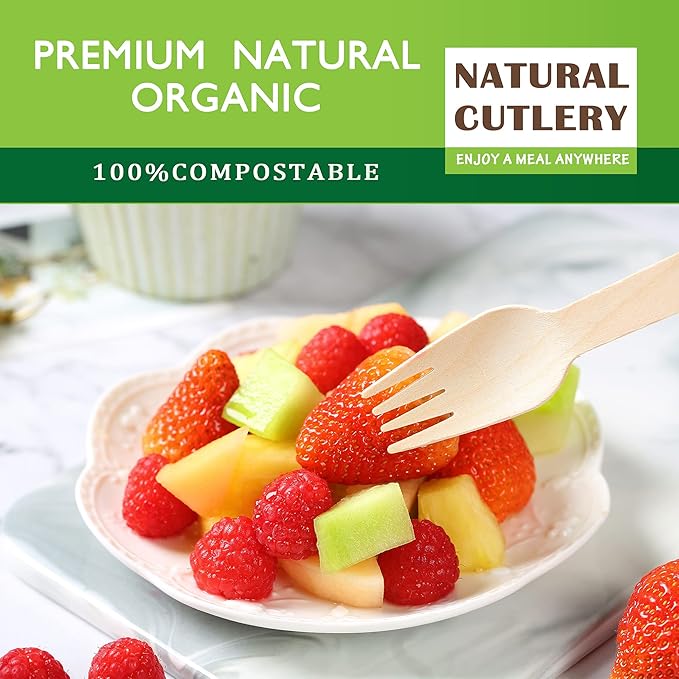 Disposable Wooden Forks -Pack of 100, 6.5" Length-Biodegradable, Natural Wooden Utensils, Great for Parties,Camping,Weddings&Dinner Events (Forks) - Image 4