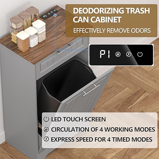 Single 10 Gallon Tilt Out Trash Can Cabinet with Deodorizing Function, Wooden Hidden Garbage Can Holder with Storage Drawers for Kitchen and Dining Room, Laundry Hamper Cabinet for Bathroom, Grey