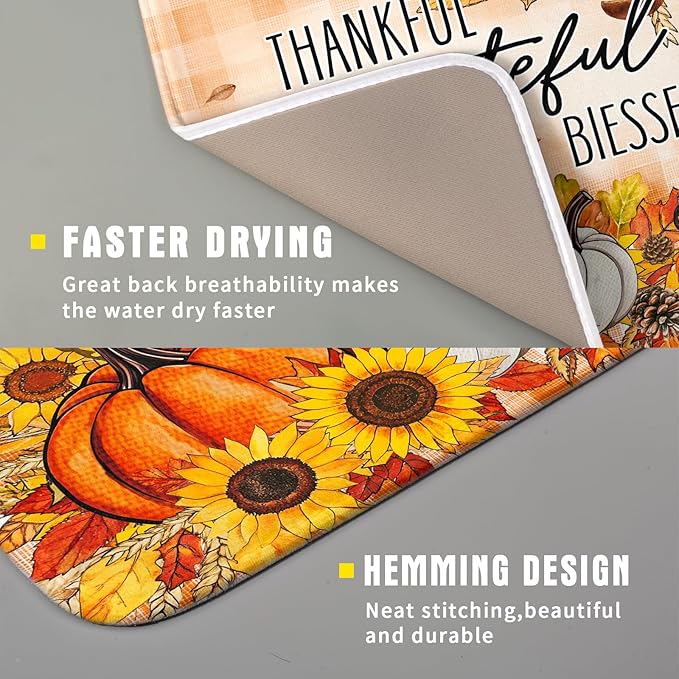 Giwawa Autumn Pumpkins Dish Drying Mat for Kitchen Countertop, Fall Sunflowers Thankful Grateful Blessed Dish Drainer Mats 16x18in, Thanksgiving Harvest Decorative Reversible Dish Drying Pad