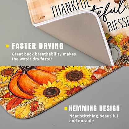 Giwawa Autumn Pumpkins Dish Drying Mat for Kitchen Countertop, Fall Sunflowers Thankful Grateful Blessed Dish Drainer Mats 16x18in, Thanksgiving Harvest Decorative Reversible Dish Drying Pad