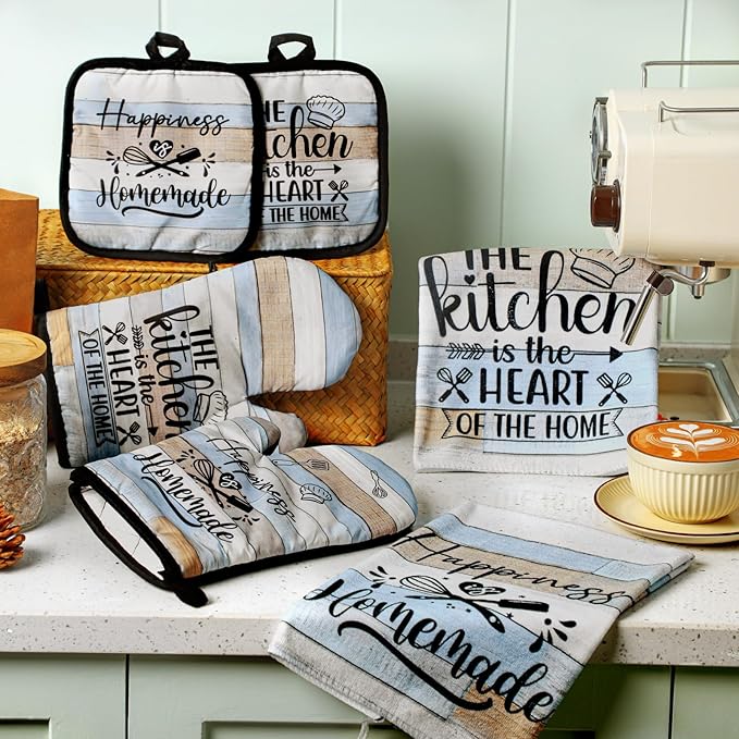 Sratte 6 Pcs Kitchen Decor Accessories Set Farmhouse Towels Pot Holders Oven Mitts Set 2 Dish Towels 2 Potholders 2 Cooking Mittens Oven Glove for Christmas Baking Cooking Supply(Brown Green,Kitchen) - Image 2