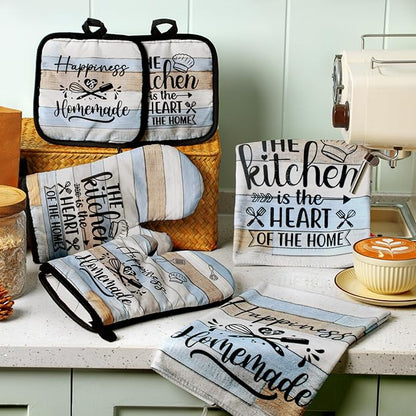 Sratte 6 Pcs Kitchen Decor Accessories Set Farmhouse Towels Pot Holders Oven Mitts Set 2 Dish Towels 2 Potholders 2 Cooking Mittens Oven Glove for Christmas Baking Cooking Supply(Brown Green,Kitchen) - Image 2