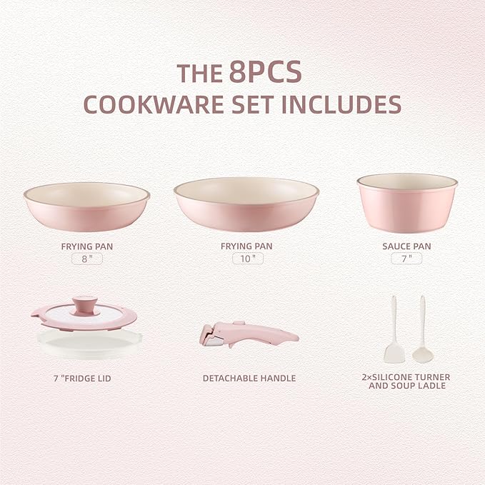 BECIGAR 8PCS Ceramic Cookware,Nonstick Ceramic Pan, Removable Handle Pots and Pans Set, Stackable Pan Set, Nonstick Pots and Pans Set Non Stick pot(Pink) - Image 2