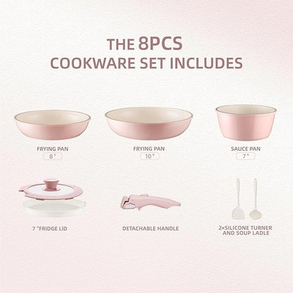 BECIGAR 8PCS Ceramic Cookware,Nonstick Ceramic Pan, Removable Handle Pots and Pans Set, Stackable Pan Set, Nonstick Pots and Pans Set Non Stick pot(Pink) - Image 2