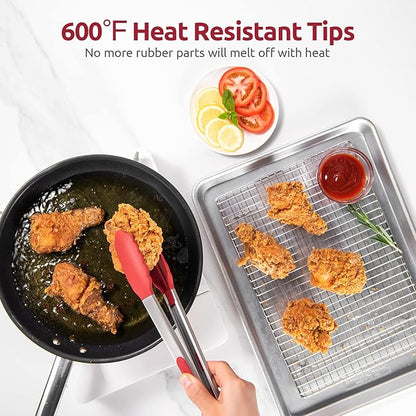 600ºF Heat Resistant Kitchen Tongs: U-Taste 9+12 inch Silicone Cooking Tong Set with Firm Sealed Non Stick Rubber Tips and Silicon Coated 18/8 Stainless Steel Handle for Serving Grilling Salad(Red) - Image 3