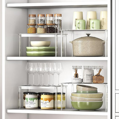 Delamu Clear Kitchen Cabinet Organizer, Set of 2 Acrylic Shelf Organizer for Cupboard Organizers and Storage, Stackable Cabinet Shelf for Plate, Dish, Bowl, Cup & Mug, 11.7" W x 7.7" D x 6.3" H