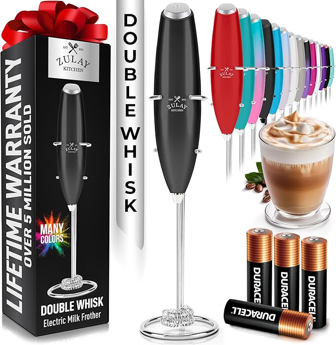 Zulay Kitchen Whisk Milk Frother with 4 Duracell Batteries - Powerful Handheld Foam Maker for Coffee, Lattes, Matcha, Hot Chocolate & Cappuccinos - Whip Creamy Froth in Seconds by ZulayKitchen