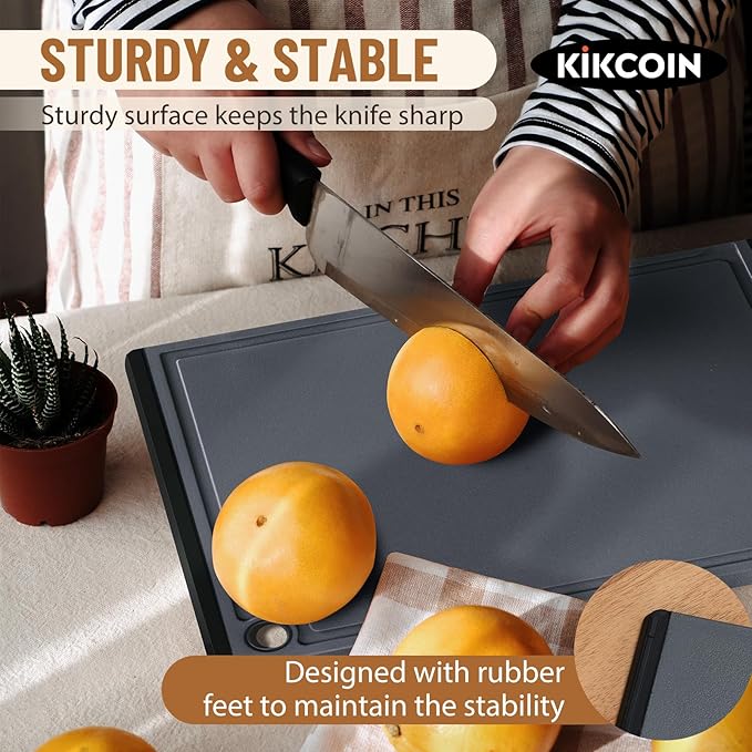 Kikcoin Plastic Cutting Boards for Kitchen, 3-Piece Large Cutting Board Set Dishwasher Safe Chopping Boards with Non-slip Feet and Juice Grooves, Gray - Image 4
