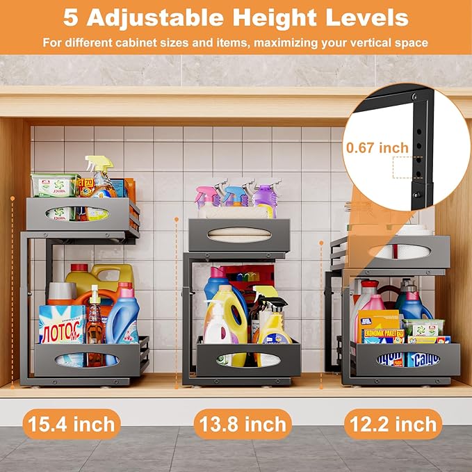 Under Sink Organizer, 2 Tier Under Sink Organizers and Storage, Adjustable Height, Slide out Metal Cabinet Organizers, Pull out Cabinet Storage Drawer Shelf for Kitchen Bathroom (Black, 1 Pack) - Image 6