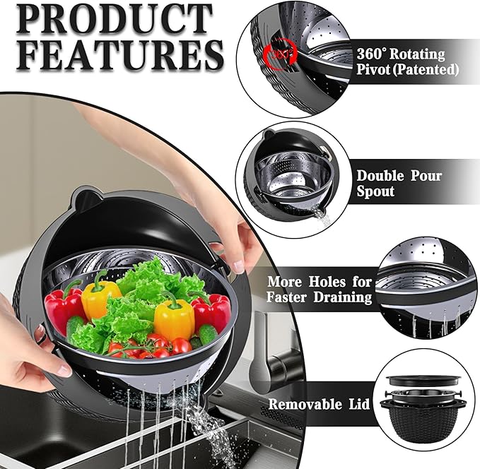 4-1 Colander with Bowl Set - Colander for Kitchen - Rotatable Strainers and Colanders(Patented) - Pasta Strainer - Bowl With Colander & New Upgraded Graters for Fruit Veggie, Kitchen Essentials, Black - Image 3