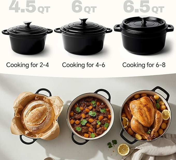 6 Quart Dutch Oven Pot with Lid, Non Stick Enameled Cast Iron Dutch Oven for Bread Baking, Heavy-Duty, Oven Safe Ceramic Cookware Up to 500°F for Baking, Braising, Stews, Roasting, Black - Image 3