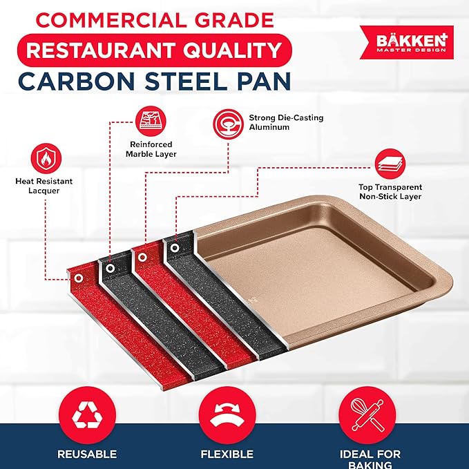 BAKKEN Kitchen Baking Pans - Nonstick Brown Coating, 13.18’’ × 8.66’’ Commercial Grade Carbon Steel Cookie Sheet, Baking Kitchen Essentials, PFOA, PFOS, PTFE Free, Oven Safe Tray (450° F), Brown - Image 3