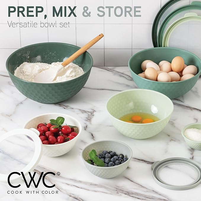 COOK WITH COLOR Mixing Bowls with Lids - 12 Piece Plastic Nesting Bowls Set includes 6 Prep Bowls and 6 Lids, Microwave Safe Mixing Bowl Set, Sage Embossed - Image 3