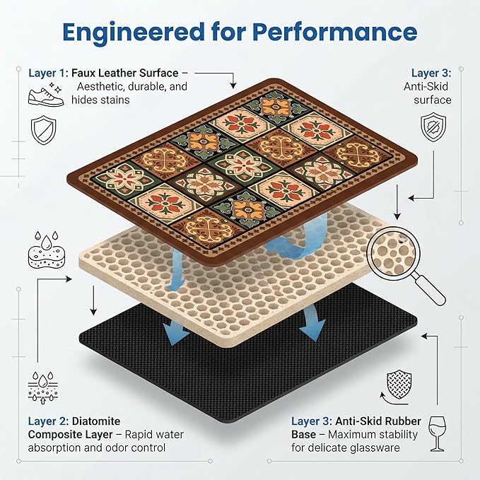 Boho Dish Drying Mat for Kitchen Counter - Super Absorbent Faux Leather Kitchen Mat, Quick Dry & Non-Slip Countertop Protector, Aesthetic Bohemian Decor for Coffee Bar (12"x19", Boho)
