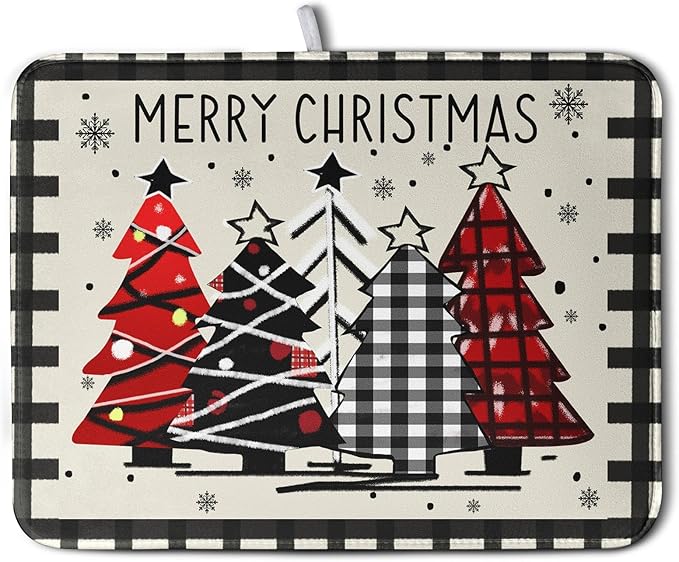 Christmas Trees Kitchen Dish Drying Mat 18x24 Inch Merry Christmas Black White Buffalo Plaid Dish Drainer Mat Absorbent Reversible Microfibe Drying Dish Pad for Winter Kitchen Counter Decor by Kwlegh