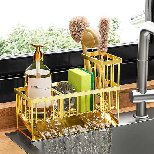 Cisily Gold Kitchen Sink Caddy Organzier with High Brush Holder, Sponge Holder for Sink, 304 Rustproof Stainless, Kitchen Countertop Soap Dispenser Organizer, Home Decor and Accessories by CISILYHOMELIFE