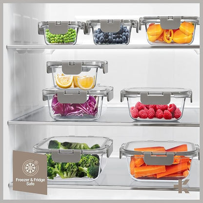 Bakken Borosilicate Glass Food Storage Containers with Lids 24 Pieces, BPA-Free Stackable Lunch & Leftover Containers, Microwave, Freezer & Dishwasher Safe, 100% Airtight Leak-Proof, Gray
