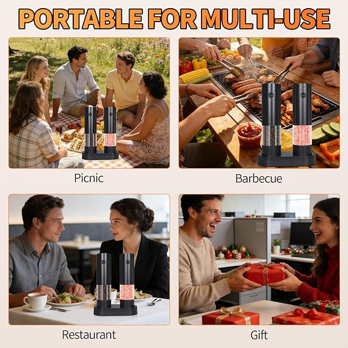 Electric Salt & Pepper Grinder Set of 2,Adjustable Coarseness with USB C Charging Rechargeable for Women &Men (Black Set)
