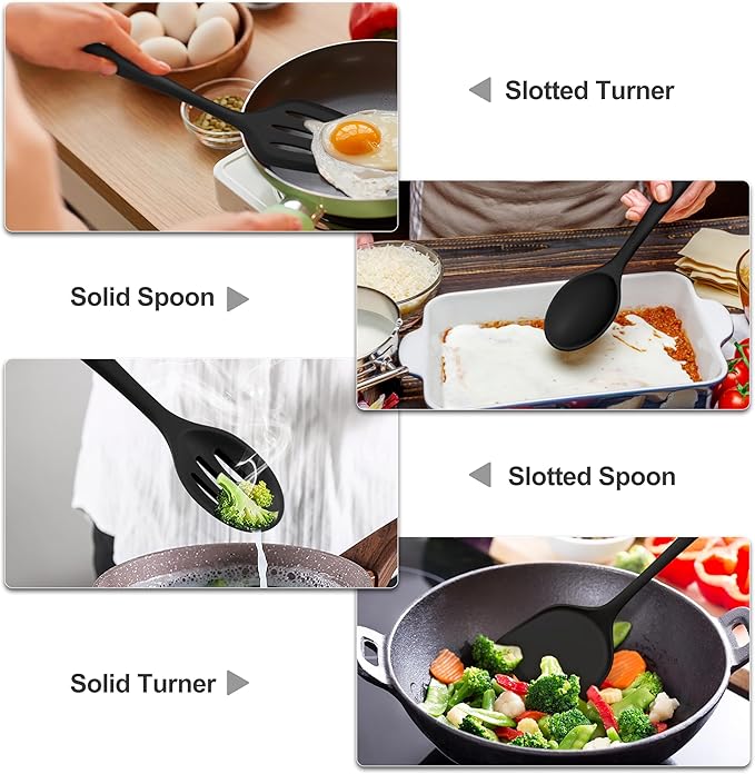 TeamFar Silicone Cooking Utensils, 4pcs Kitchen Utensils Set with Silicone Spatulas & Spoons, Heat-Resistant Solid & Slotted Cooking Spoons Turners for Non-stick Cookware, Dishwasher Safe, Black - Image 5