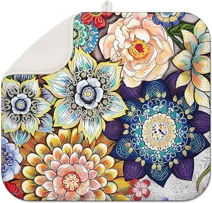 Boho Drying Mat 16" X 18" Boho Flower Kitchen Counter Stone Large Dish Drying Mats For Kitchen Counter Abstract Boho Floral Drying Mats For Home Counter Drying Mats For Dishes Table Mat Drying Mat by Scritism