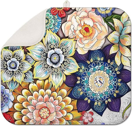 Boho Drying Mat 16" X 18" Boho Flower Kitchen Counter Stone Large Dish Drying Mats For Kitchen Counter Abstract Boho Floral Drying Mats For Home Counter Drying Mats For Dishes Table Mat Drying Mat by Scritism