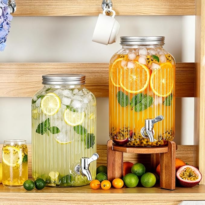 SiliFine 2 Pieces 1 Gallon Plastic Beverage Dispenser with Spigot Striped Clear Large Drink Beverage Dispenser Summer Fridge Water Container with Tap for Party Iced Tea, Sangria, Lemonade (Silver)
