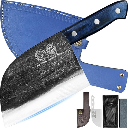 XYJ Antique Forged Butcher Knives, Serbian-Style Chef's Knife with Sheath, Heavy-Duty Meat Cleaver for Kitchen & Outdoor Use, Full Tang Construction
