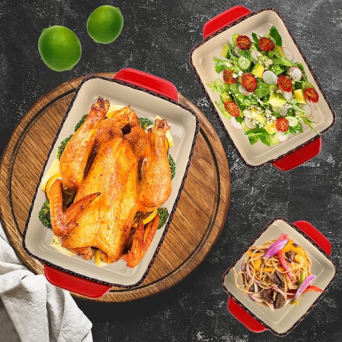 AVLA 3 Pack Ceramic Bakeware Set, Porcelain Rectangular Baking Dish Lasagna Pans for Cooking, Kitchen, Casserole Dishes, Cake Dinner, 12 x 8.5 x 6 Inches of Baking Pans, Banquet and Daily Use, Red - Image 5