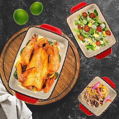 AVLA 3 Pack Ceramic Bakeware Set, Porcelain Rectangular Baking Dish Lasagna Pans for Cooking, Kitchen, Casserole Dishes, Cake Dinner, 12 x 8.5 x 6 Inches of Baking Pans, Banquet and Daily Use, Red - Image 5