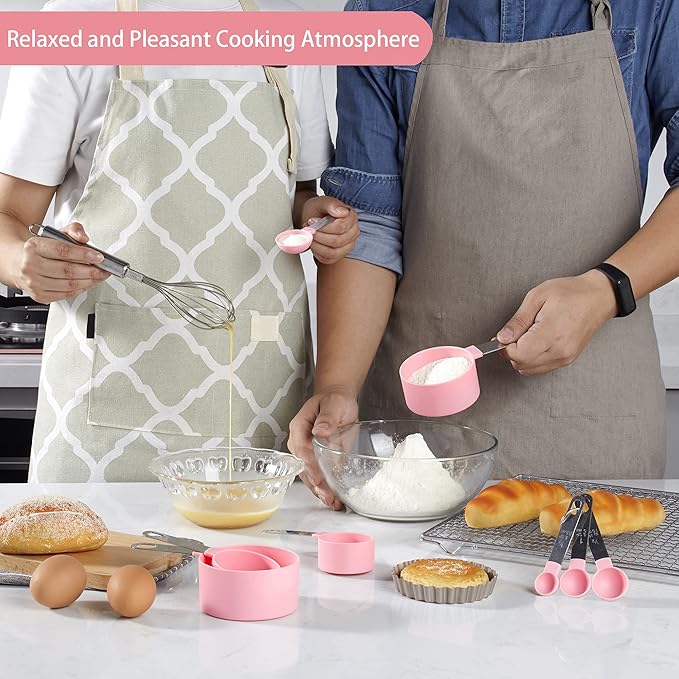 Measuring Cups and Spoons Set of Huygens Kitchen Gadgets 10 Pieces, Stackable Stainless Steel Handle Measuring Cups for Measuring Dry and Liquid Ingredient (Pink) - Image 7