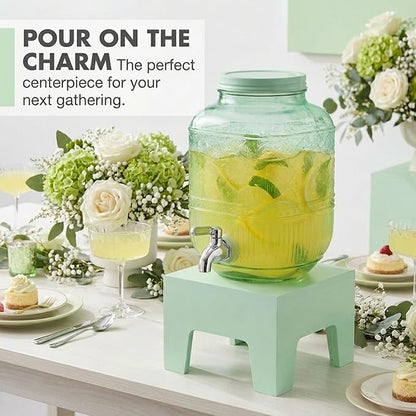 Beverage Dispenser 1 Gallon, Glass Drink Dispenser with Wooden Base Stand, Wide Mouth Jar for Lemonade, Iced Tea, Infused Water, Vintage Kitchen Decor - Green