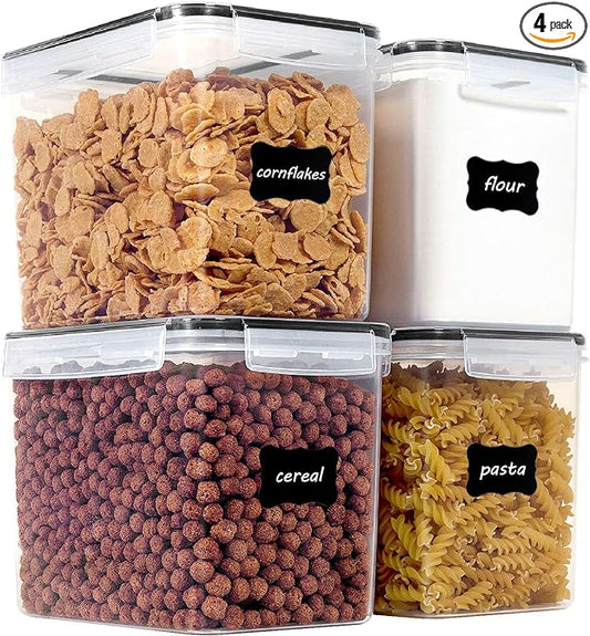 Vtopmart Food Storage Containers 3.3 quart / 3.6L, 4 Pieces BPA Free Plastic Airtight Canister for Flour, Sugar, Baking Supplies, with 4 Measuring Cups and 24 Labels,Black by Vtopmart