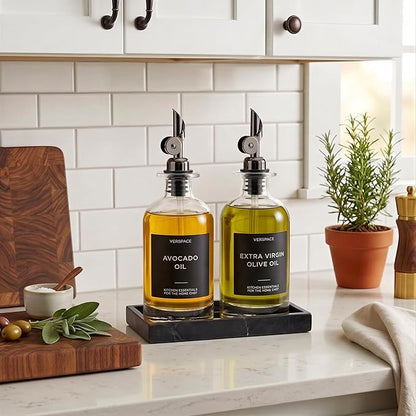 Verspace - Clear Glass Olive Oil Dispenser Bottles For Kitchen With Silicone Tray & 40 Labels, Soy Sauce Dispenser, Coffee Syrup Dispenser, Olive Oil Bottles Set Of 2, Black - Image 2