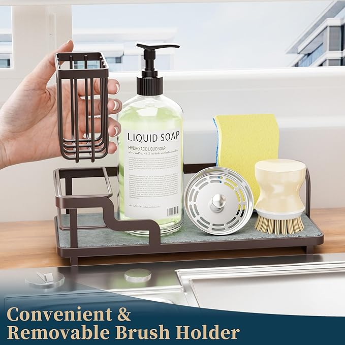 Consumest Sponge Holder for Kitchen Sink - Sink Caddy Organizer with Water Absorbing Stone Tray, Detachable Brush Holder, Stainless Steel Kitchen Counter Organizer Rack, Bronze - Image 3