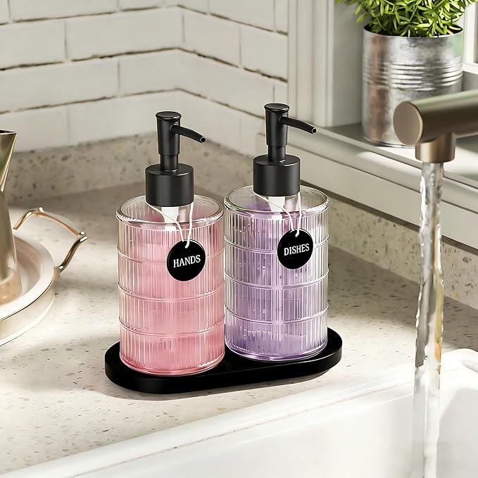 MASADI Soap Dispenser Set with Bamboo Tray, Dish and Hand Soap Lotion Dispenser Set with Wooden Pump for Kitchen and Bathroom Decor for Counter, Modern Vintage Liquid Soap Dispensers (Clear&Black) - Image 4