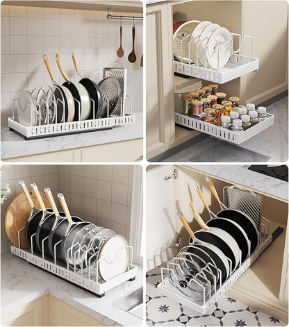 Pull Out Pots and Pans Organizer Under Cabinet, Expandable Sliding Lid Holder and Pan Rack for Kitchen, Slide Out Inside Cabinet for Pot Lid, Bakeware, Dishes, 10 Adjustable Dividers, 1 Pack White - Image 7