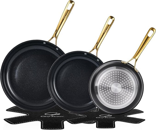 Chef Power Ceramic Frying Pan with Stainless Steel handle 5Pcs Set, Non-toxic Non Stick Grill Pan Set, Induction, Dishwasher and Oven Safe, Stone Black & Light Gold Handle, 8'', 9'', 11'' Skillet by ChefPower