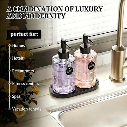 MASADI Soap Dispenser Set with Bamboo Tray, Dish and Hand Soap Lotion Dispenser Set with Wooden Pump for Kitchen and Bathroom Decor for Counter, Modern Vintage Liquid Soap Dispensers (Clear&Black) - Image 3