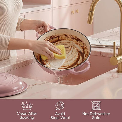 3 Quart Enameled Cast Iron Braiser, Non Stick Enameled Cast Iron Skillet with Lid, Dutch Oven Skillet with lid up to 500°F for Oven, Stove, Grill, Shallow Dutch Oven for Cook, Bake (Pink)