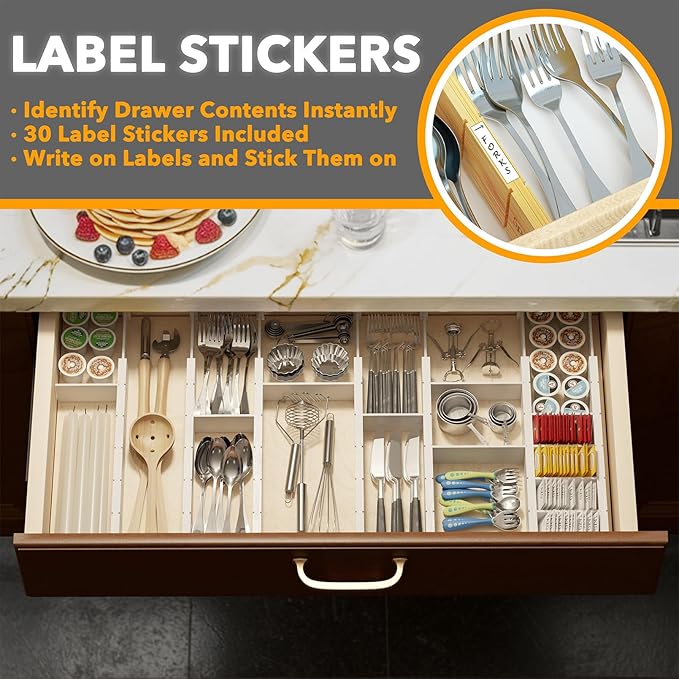 SpaceAid Bamboo Drawer Dividers with Inserts and Labels, Kitchen Adjustable Drawer Organizers, Expandable Organization for Home, Office, Dressers, 7 Dividers with 15 Inserts (17"-22" White) - Image 3