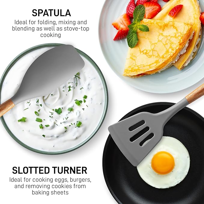 Zulay Kitchen Utensils Set Non-Stick Silicone Cooking Utensils Set with Authentic Acacia Wood Handles - 5 Piece Silicone Utensil Set - Kitchen Utensils Set with 464°F Heat Resistance - Gray - Image 5