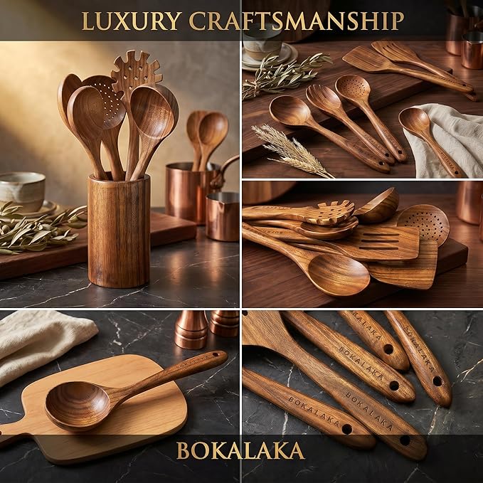 Wooden Spoons for Cooking,10 Pcs Natural Teak Wooden Kitchen Utensils Set Wooden Utensils for Cooking Wooden Cooking Utensils Wooden Spatulas for Cooking (10) - Image 4