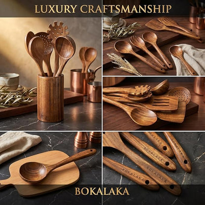 Wooden Spoons for Cooking,10 Pcs Natural Teak Wooden Kitchen Utensils Set Wooden Utensils for Cooking Wooden Cooking Utensils Wooden Spatulas for Cooking (10) - Image 4