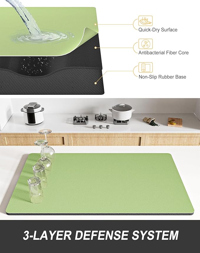 Rnivvi Dish Drying Mat for Kitchen Counter, XL 15 x 24" Super Absorbent Drainer Pad Easy Clean Dish Rack Pad, Non-Slip Heat Resistant Coffee Bar Mat for Coffee Machine Station Accessories Decor, Green - Image 4