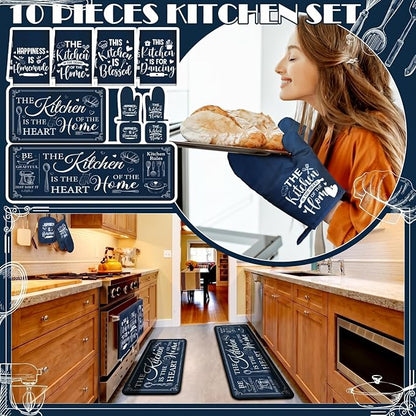 Fourluoo 10 Pcs Farmhouse Kitchen Decor and Accessories Set 4 Kitchen Towels 2 Pot Holders 2 Oven Mitts 2 Rugs for Cooking Baking Mom Housewarming Gifts(Dark Blue,Classic Style) - Image 2