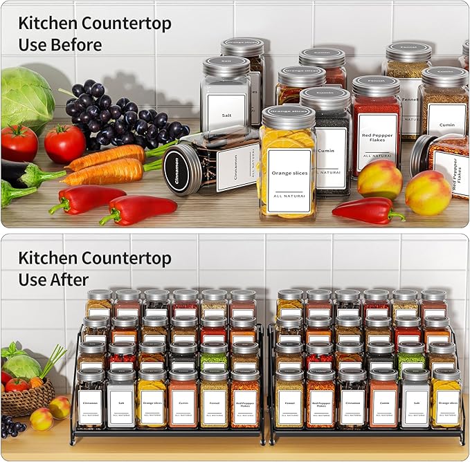 BOIVSHI 4 Tier Spice Rack Organzier, Spice Rack for Cabinet, Adjustable Depth Seasoning Shelf for Countertop, Pantry, Seasoning Organizer, Metal, Black (2 Pack) - Image 3