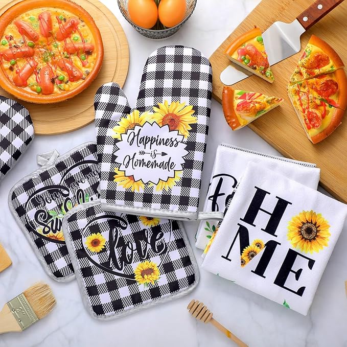 Leinuosen 6 Plaid Sunflower Kitchen Towels Kitchen Decor and Accessories Set Floral Plant Oven Mitts and Pot Holders Sets Farmhouse Absorbent Dish Towels for Cooking Baking Grilling - Image 2