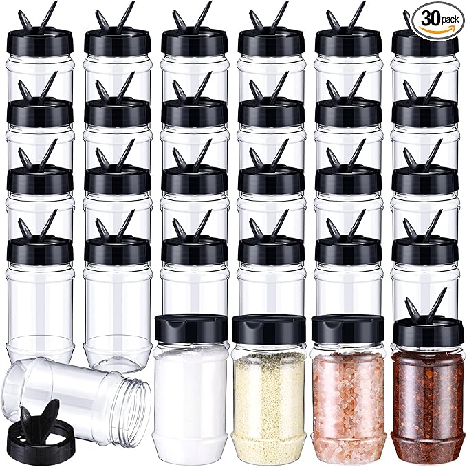 Mimorou 30 Pack Plastic Spice Jars with Shaker Lids Clear Seasoning Containers Spice Bottles for Kitchen Storing Spice Herbs Seasoning Powders (Oval Shape,12.2 oz) by Mimorou